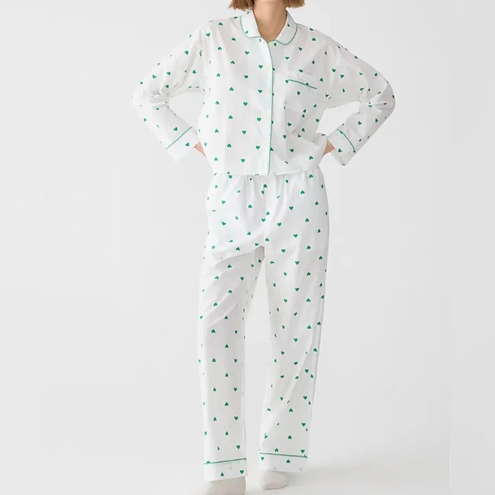 NWT JCrew Long-sleeve cropped cotton poplin pajama pant set in green heart prin - Picture 4 of 4